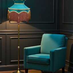 Handmade Downton Abbey Teal Blue Fabric Lampshade Gold Fringe, Braid & Tassels, Bespoke British Made - thumbnail 2
