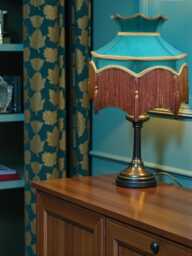 Handmade Downton Abbey Teal Blue Fabric Lampshade Gold Fringe, Braid & Tassels, Bespoke British Made - thumbnail 1