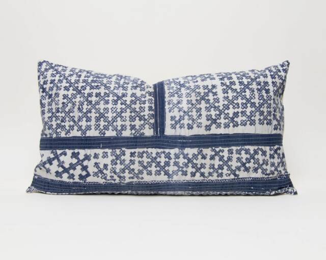 Hmong Indigo Batik Pillow, Hill Tribe Rustic Cushion - 24x13 - image 1