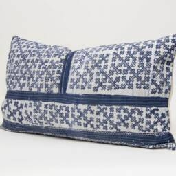 Hmong Indigo Batik Pillow, Hill Tribe Rustic Cushion - 24x13 - thumbnail 2