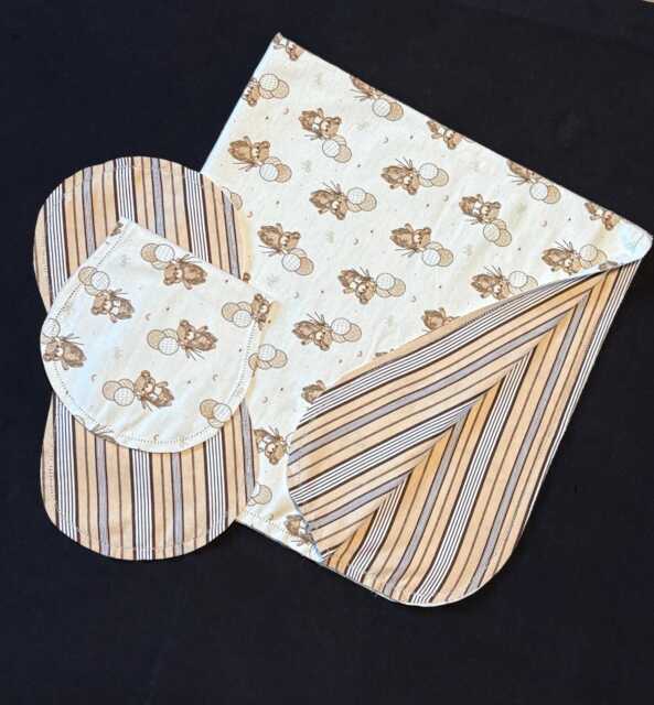 Teddy Bear Plaid Hemstitch Receiving Blanket & 2 Burp Cloths, Crochet Flannel, Cream Brown, Balloon, Baby Gift - image 1