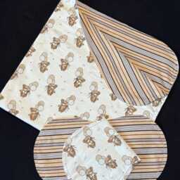 Teddy Bear Plaid Hemstitch Receiving Blanket & 2 Burp Cloths, Crochet Flannel, Cream Brown, Balloon, Baby Gift - thumbnail 3