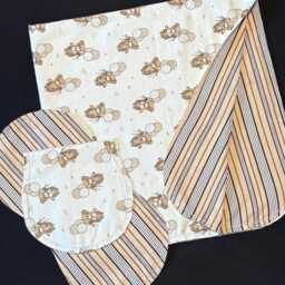 Teddy Bear Plaid Hemstitch Receiving Blanket & 2 Burp Cloths, Crochet Flannel, Cream Brown, Balloon, Baby Gift - thumbnail 4