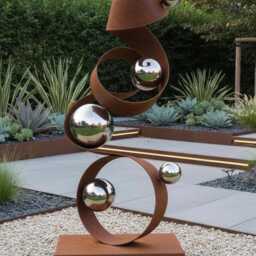 Modern Metal Garden Sculpture With Polished Spheres - Contemporary Outdoor Art For Luxury Gardens - thumbnail 2