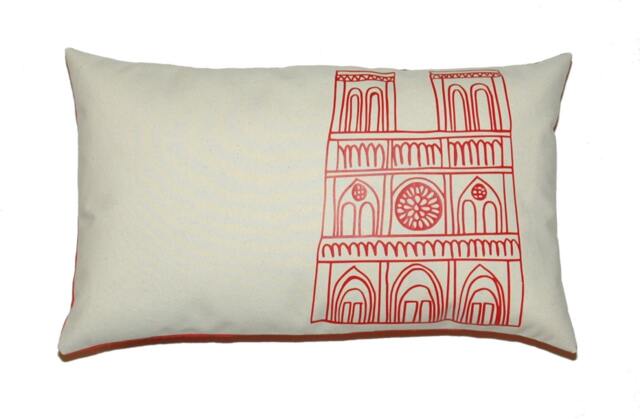 Paris Notre Dame Cathedral Pillow Cover, Poppy Red Applique On Off French White Cotton Canvas - More Sizes Avalaible - image 1