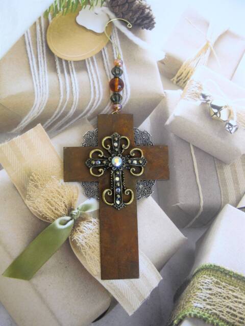 Handmade Metal Cross Christmas Ornament Rustic Holiday Decor - image 1