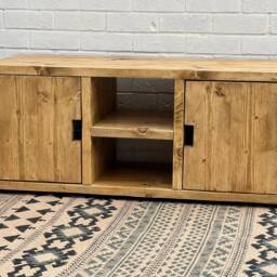 Handmade Reclaimed Wood Media Unit - Rustic Industrial Scaffold Board Tv Stand With Doors - thumbnail 2