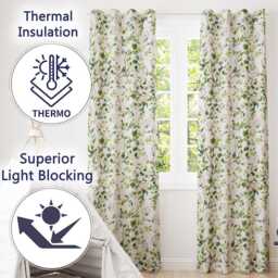 Watercolor Butterflies Green Leaves Branches Seamless Pattern Soft Grey Readymade Eyelet Ring Top Thermal 100% Blackout Curtains - thumbnail 3