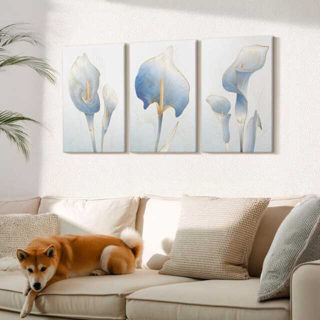 Canvas Set Of 3 Wall Art - Delicate Blue Flowers On A Light Background, Art, Plants & Hanging Piece - image 1