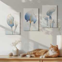 Canvas Set Of 3 Wall Art - Delicate Blue Flowers On A Light Background, Art, Plants & Hanging Piece - thumbnail 3