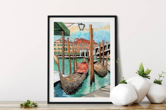 Venice Canals Watercolor Art Print Gondolas & Rialto Bridge - image 1