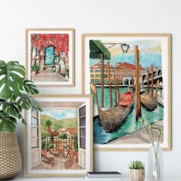 Venice Canals Watercolor Art Print Gondolas & Rialto Bridge - thumbnail 3
