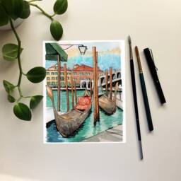Venice Canals Watercolor Art Print Gondolas & Rialto Bridge - thumbnail 2