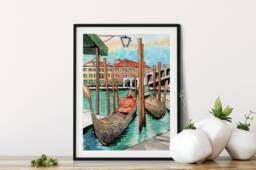 Venice Canals Watercolor Art Print Gondolas & Rialto Bridge - thumbnail 1