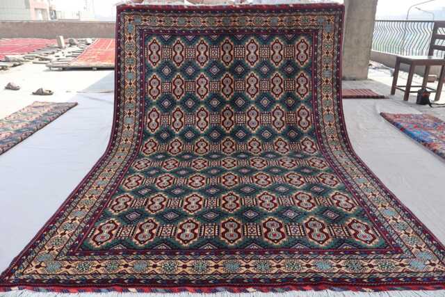 7x10 One Of A Kind Teal Geometric Rug, Afghan Fine Hand Knotted Veg Dyes Wool Area Oriental Home Decor Carpet, Rug For Living Room - image 1