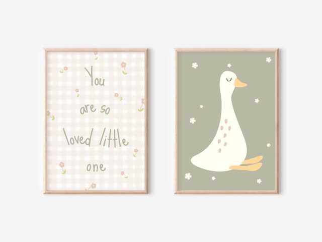 Set Of 2 Girls Goose, Gingham & Wildflower Prints - Unframed - image 1
