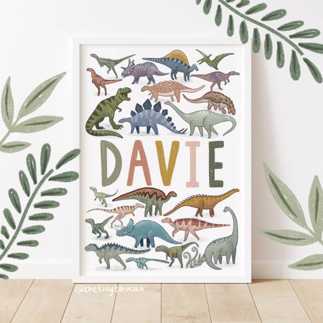 Custom Dinosaur Name Print A4/A3 - Dino Art- Adventure- Nursery Wall Cool Name Kids Bedroom Art - image 1