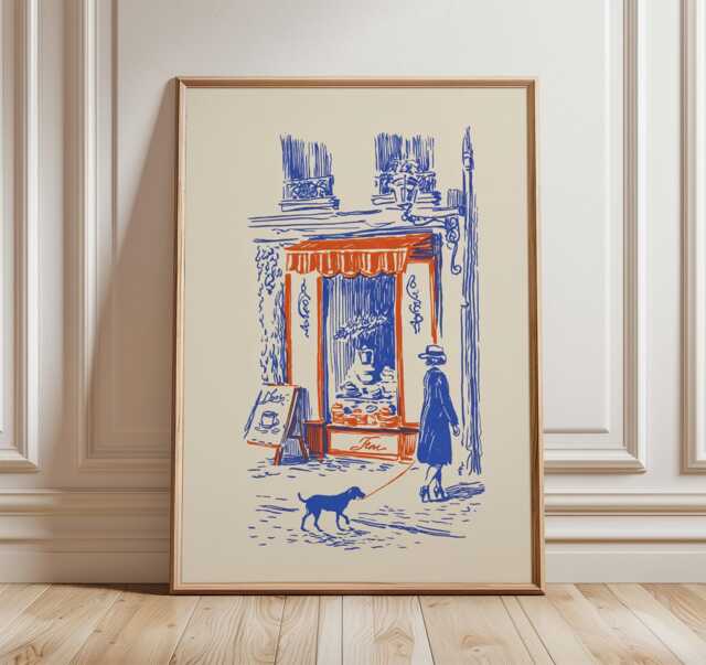 Bakery Street Scene Poster, Blue & Orange Line Art Print - image 1