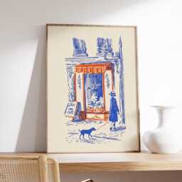 Bakery Street Scene Poster, Blue & Orange Line Art Print - thumbnail 2