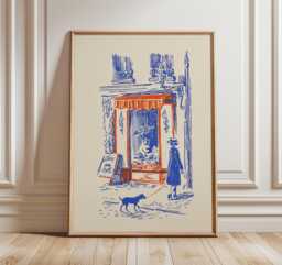 Bakery Street Scene Poster, Blue & Orange Line Art Print - thumbnail 1