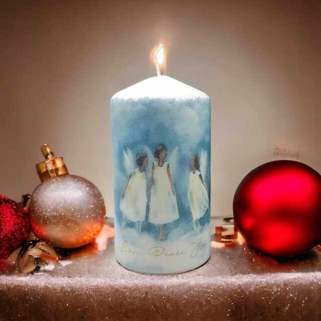 Angel Christmas Hand-Decorated Candle Festive Wax Pillar Gift - image 1