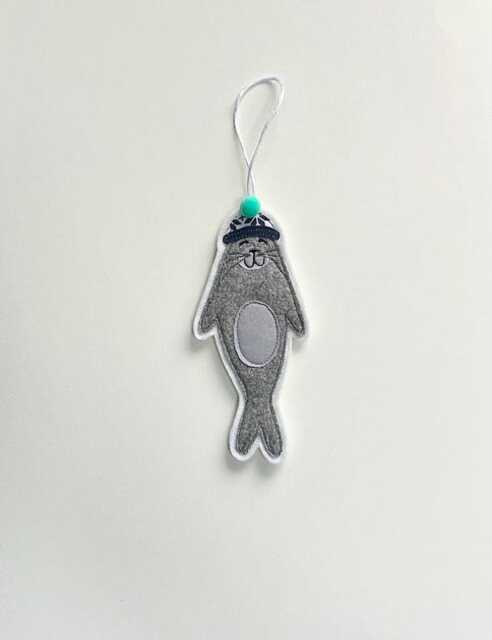 Seal Christmas Decoration, Ornament, Tree, Hanging Bobble Hat, Fabric, Pom Pom, Sleepy Seal, Embroidery Art, Cornwall - image 1