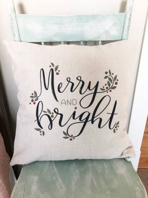 Merry & Bright Christmas Pillow Cover Rustic Linen Farmhouse Decor - image 1