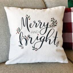 Merry & Bright Christmas Pillow Cover Rustic Linen Farmhouse Decor - thumbnail 3