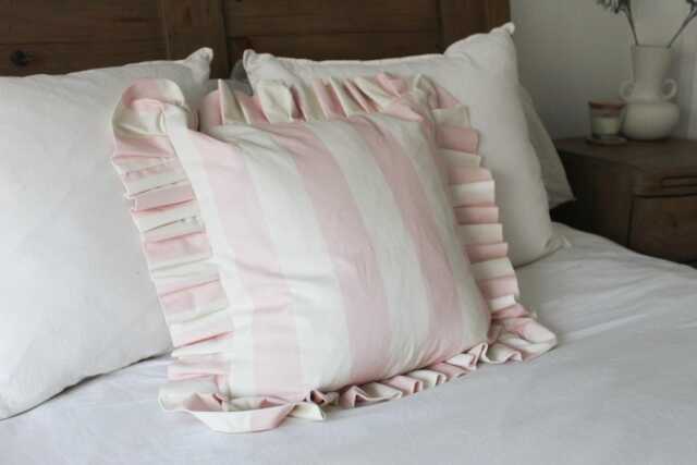 Pink Stripe Ruffle Cotton Cushion With Feather Inset Frilly Throw Pillow - 45x45cm - image 1