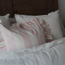 Pink Stripe Ruffle Cotton Cushion With Feather Inset Frilly Throw Pillow - 45x45cm - thumbnail 3