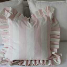 Pink Stripe Ruffle Cotton Cushion With Feather Inset Frilly Throw Pillow - 45x45cm - thumbnail 2