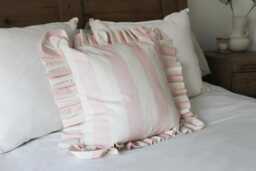 Pink Stripe Ruffle Cotton Cushion With Feather Inset Frilly Throw Pillow - 45x45cm