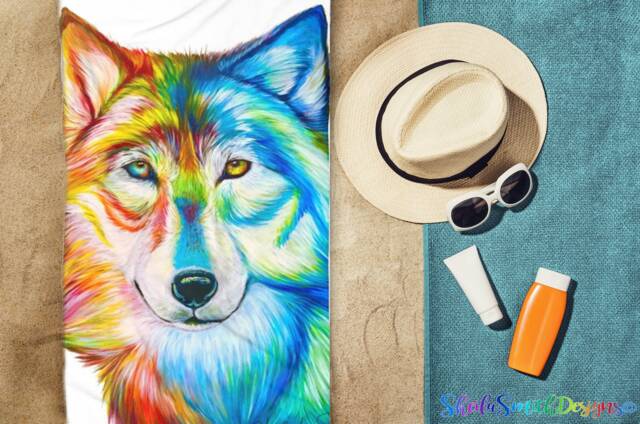 Wolf Beach Towel, Colorful Pool Towel, Wolf Blue & Red Art Decor - image 1