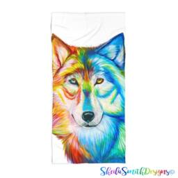 Wolf Beach Towel, Colorful Pool Towel, Wolf Blue & Red Art Decor - thumbnail 2