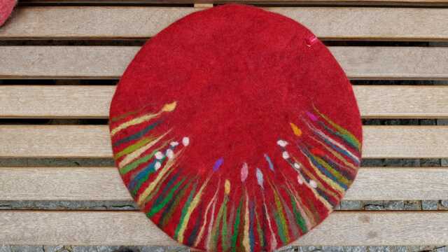 Handfelted Seat Cushion With Flowers & Grass, Spring, Red - image 1