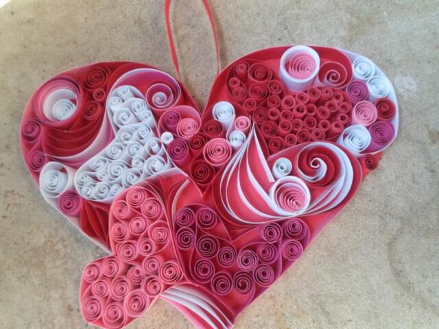 Quilled Heart Wall Hanging Red, Pink & White Paper Filigree - image 1