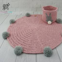 Crochet Baby Rug Round Cotton Nursery Carpet With Pom Poms - thumbnail 1