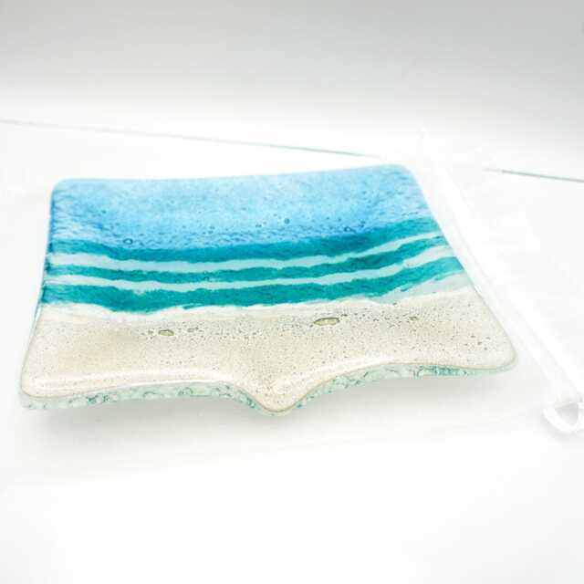 Turquoise Beach Fused Glass Soap Dish With Drain Spout 13x10cm - 5x4 - image 1