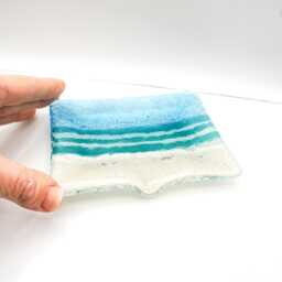 Turquoise Beach Fused Glass Soap Dish With Drain Spout 13x10cm - 5x4 - thumbnail 2