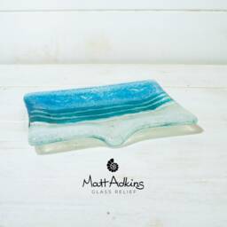 "Beach Turquoise Fused Glass Soap Dish, Turquoise Soap Dispenser 13x10cm - 5""x4" - thumbnail 2