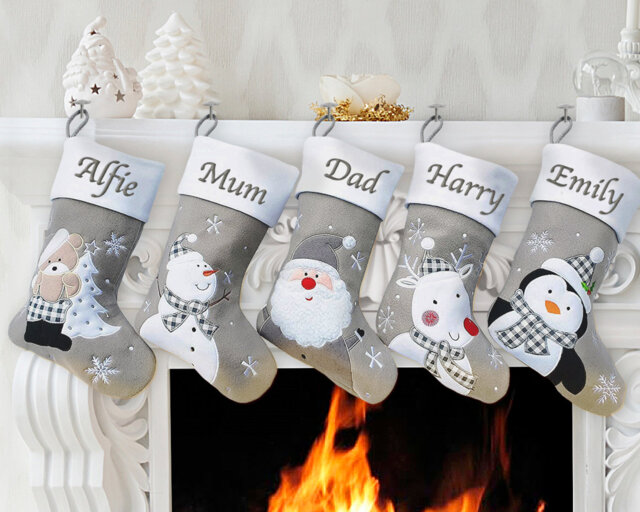 Personalised Christmas Stocking Embroidered Family Set Santa Reindeer Snowman Silver Grey Stockings Hang Fireplace Xmas Decorations Kids 4 5 - image 1