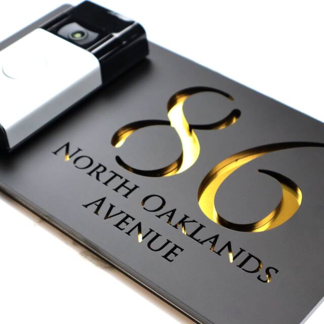 K Smart Sign - Bellissima Db Ring Nest Video Wifi Door-Bell Laser Cut Matt Black & Gold Mirror Floating House - image 1