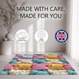 Pink Blue Gold Interwoven Yarn Pattern Rug Non-Slip Soft Area Carpet Bedroom Living Room Hallway Mat Decor - Made in UK - thumbnail 2
