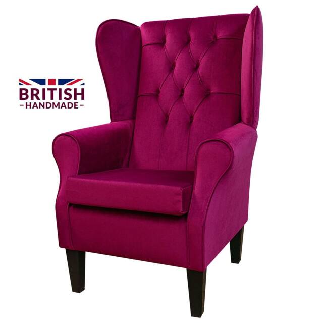 Handmade Boysenberry Pink Velvet High Back Armchair Fireside Accent Wing Chair - image 1