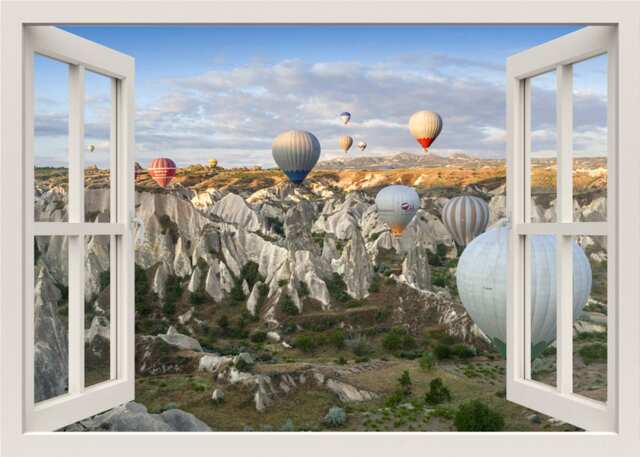 Hot Air Balloons Wall Decal, 3D Window Mountains View Balloon Frame, Home Mural