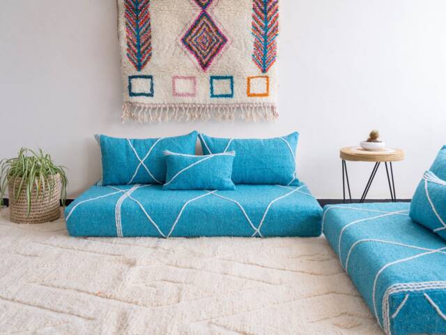 Moroccan Cotton Floor Couch Cover Set Turquoise Blue, Unstuffed - image 1