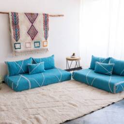 Moroccan Cotton Floor Couch Cover Set Turquoise Blue, Unstuffed - thumbnail 3