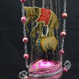 Vintage Christmas Ornament With Dresden Trims, Victorian Die Cuts & Mercury Glass Beads - thumbnail 2