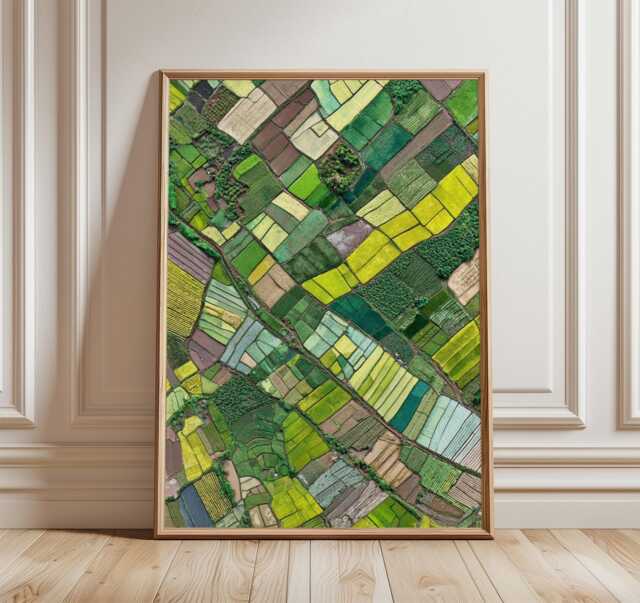 Aerial Farmland Art Print, Modern Landscape Wall Decor in Green & Yellow, Abstract Earth View Poster, Nature Inspired Contemporary - image 1