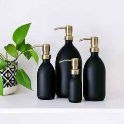 Matt Black Glass Soap Dispenser Bottle - Brushed Light Gold Metal Pump Choice Of Sizes Kitchen & Bathroom